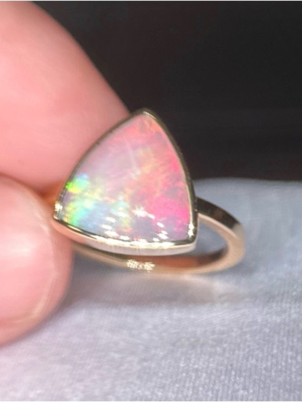 14k Gold Australian Opal Triangle Ring — Multi-Color Opal Accent - Picture 12 of 17